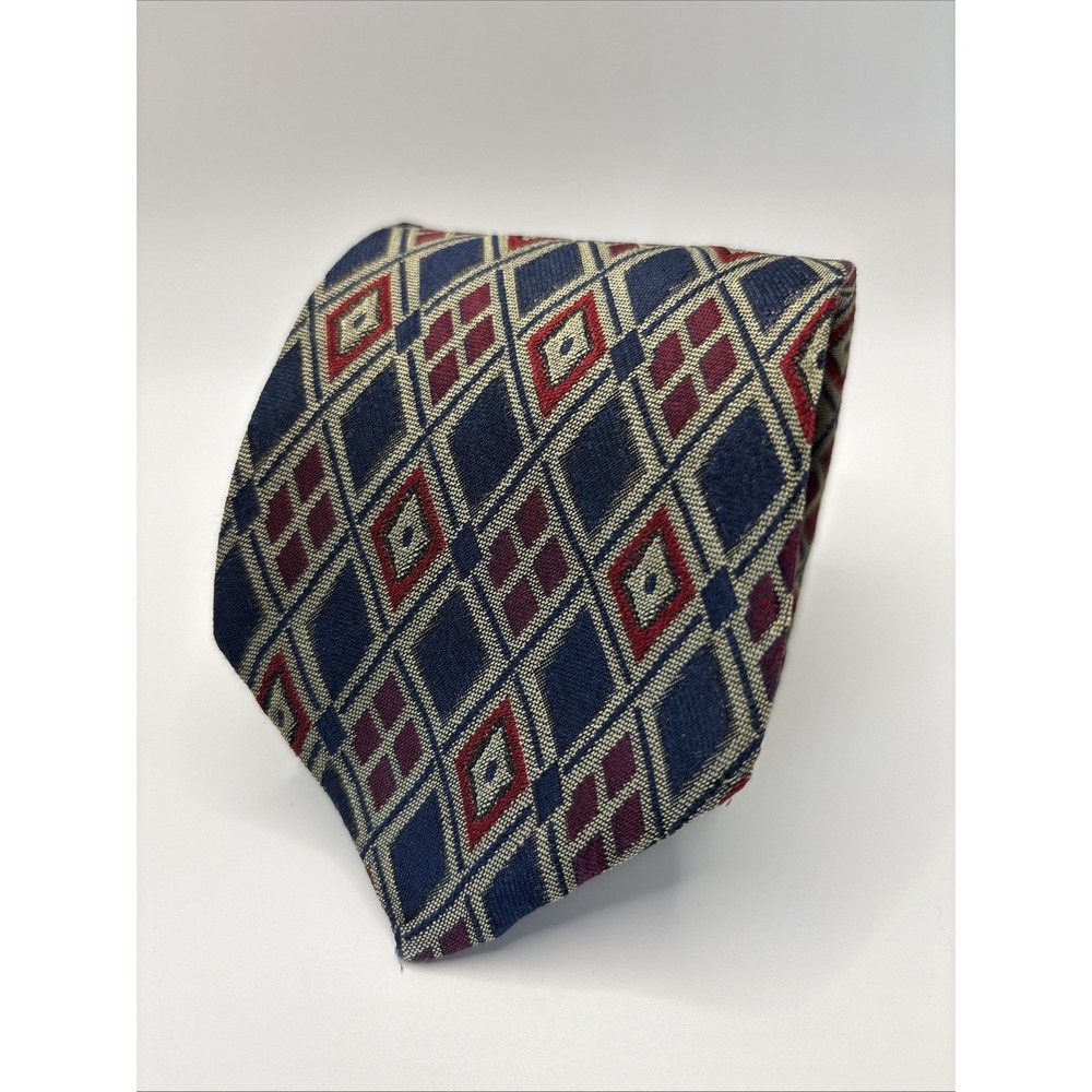 Ateseta 100% Silk Men's Tie Made In Italy Geometric Pattern Red Blue Gold